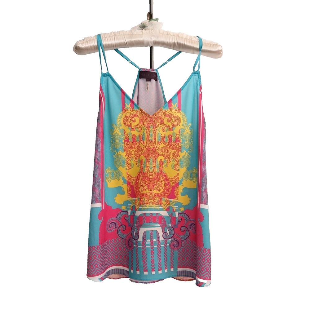 Hale Bob Women Tank Top Small Coral Aqua Bohemian Hippie Geometric Art To Wear